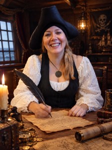 Lady Pyrate sitting at her desk in her captain's cabin